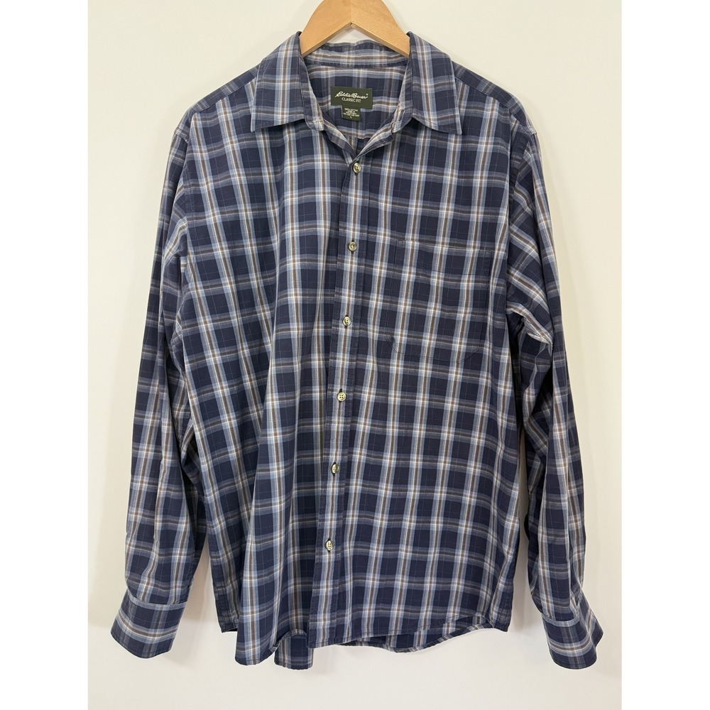 Eddie Bauer Classic Fit Plaid Button Down Shirt Mens Large Blue Brown Cotton